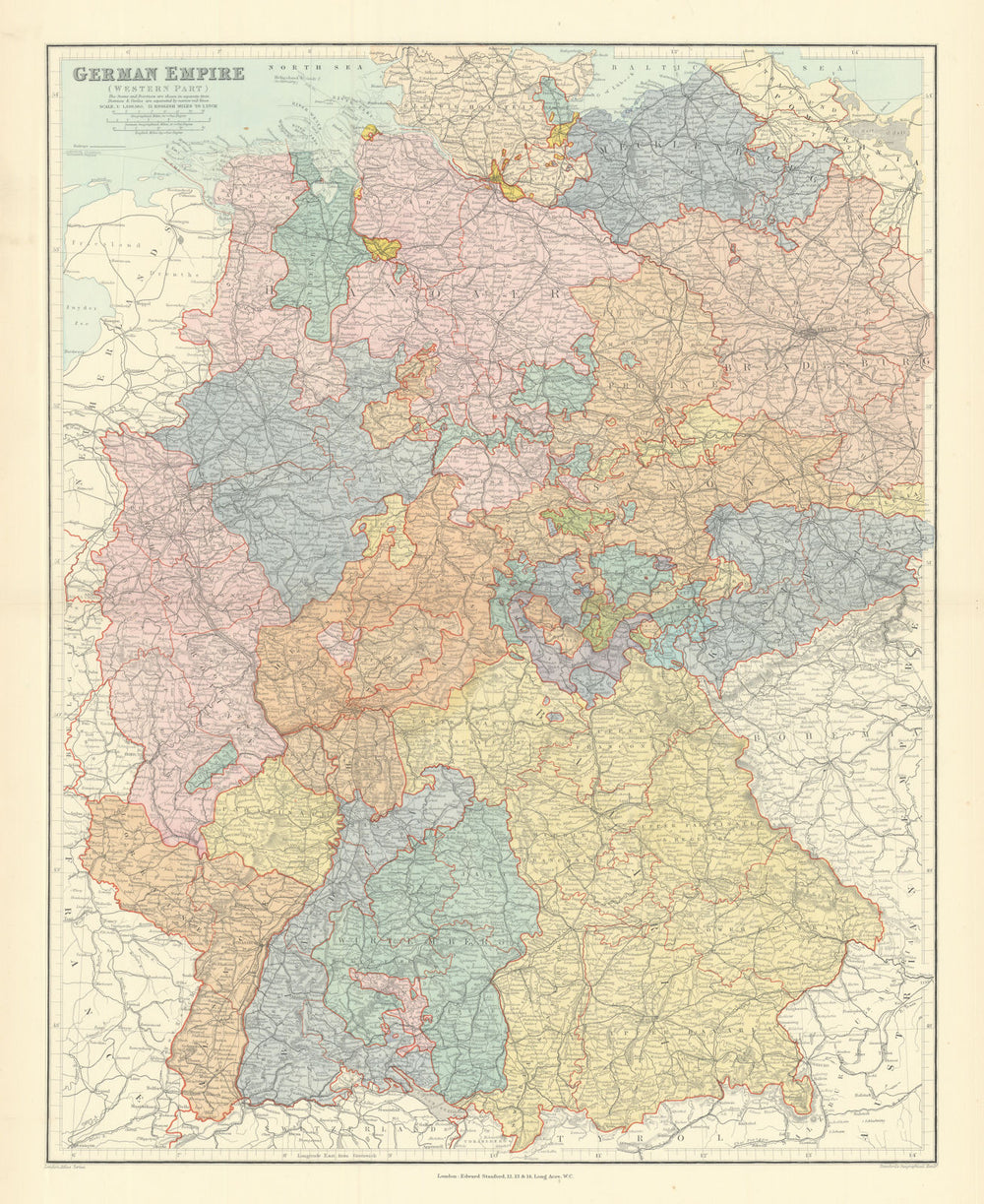 German Empire west. Germany w/ Alsace Lorraine. 65x52cm. STANFORD 1901 old map