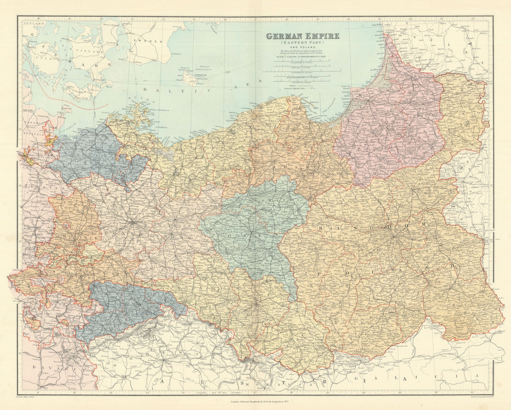 German Empire (eastern part) and Poland. Large 66x52cm. STANFORD 1901 old map