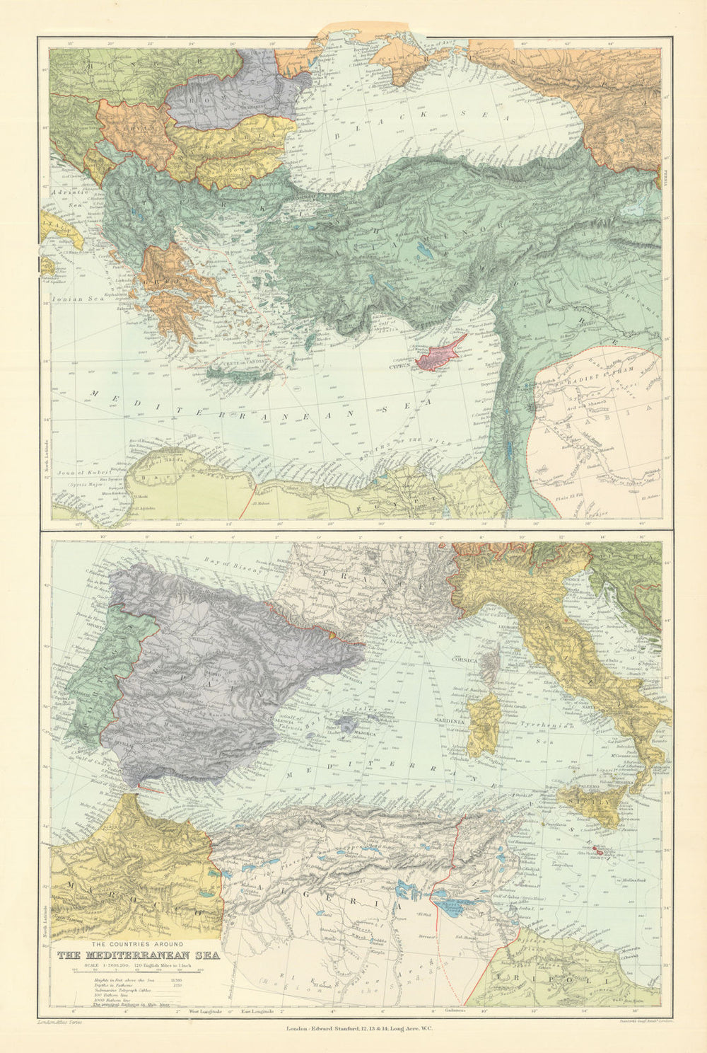 Countries round the Mediterranean. Soundings Telegraph cables. STANFORD 1901 map