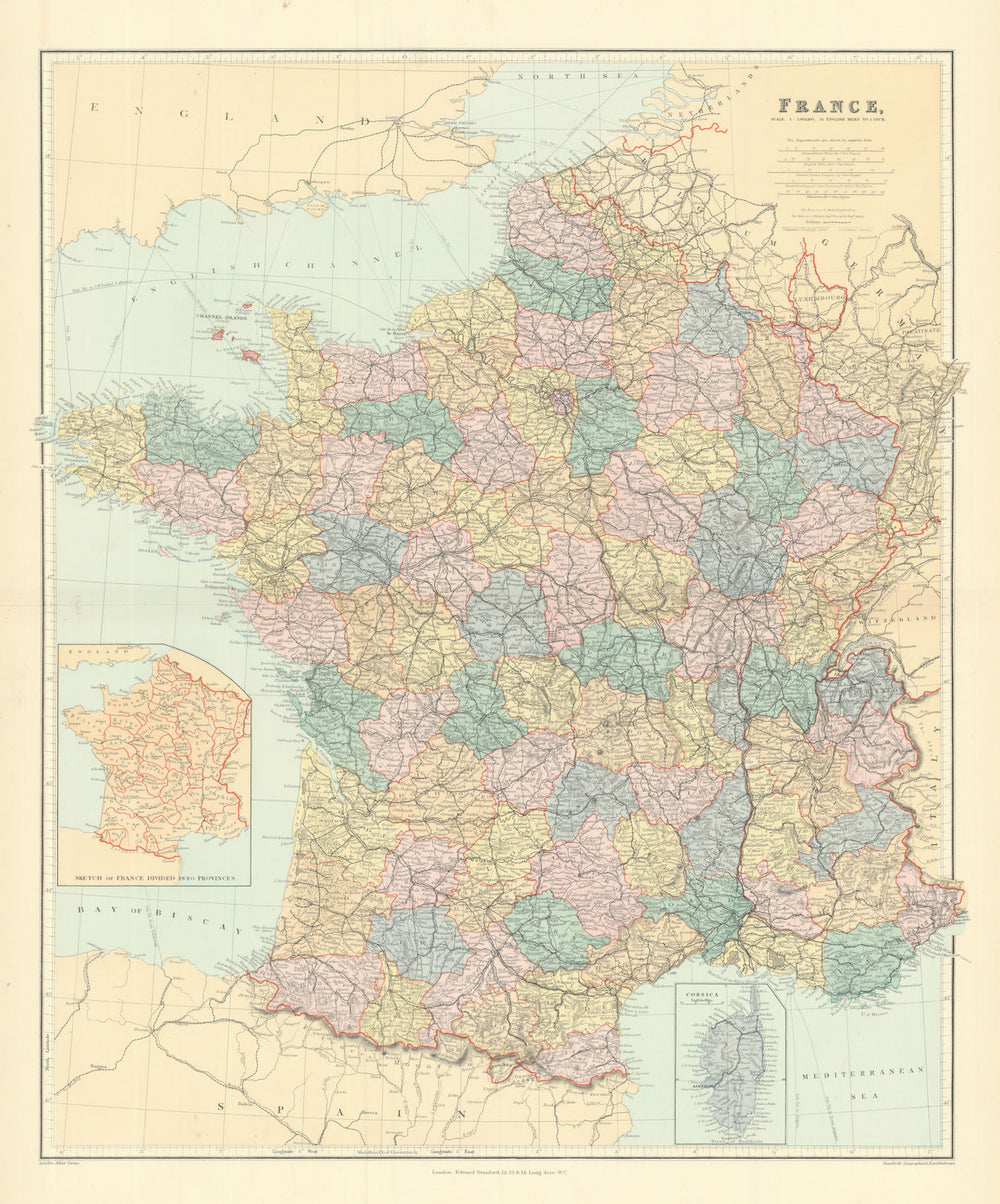France in departements without Alsace Lorraine. Large 65x54cm. STANFORD 1901 map