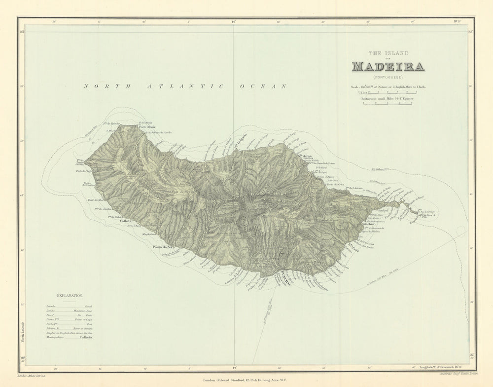 The Island Of Madeira. Rivers Mountains. STANFORD 1901 old antique map chart