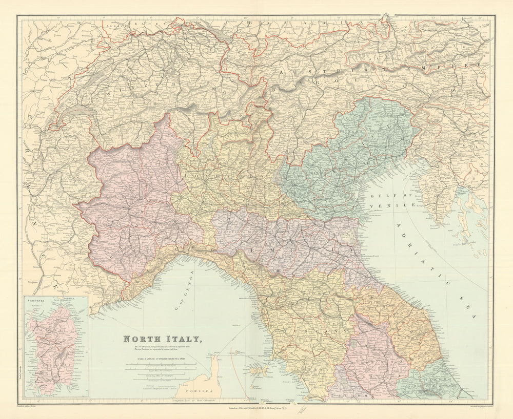 North Italy. w/o Trieste Tyrol. Lombardy Piedmont Veneto &c. STANFORD 1901 map