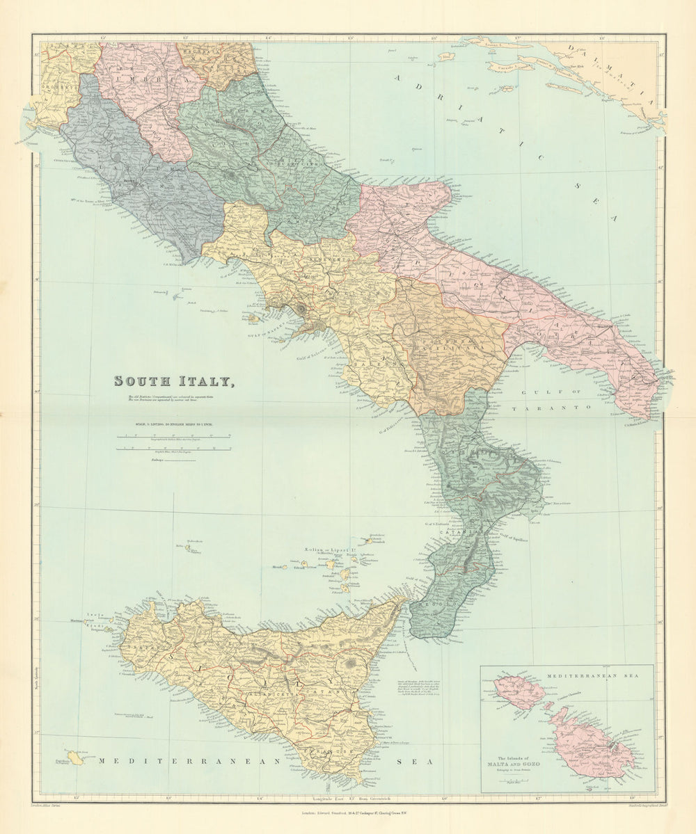 South Italy. Sicily Calabria Puglia Abruzzo Lazio Campania. STANFORD 1901 map