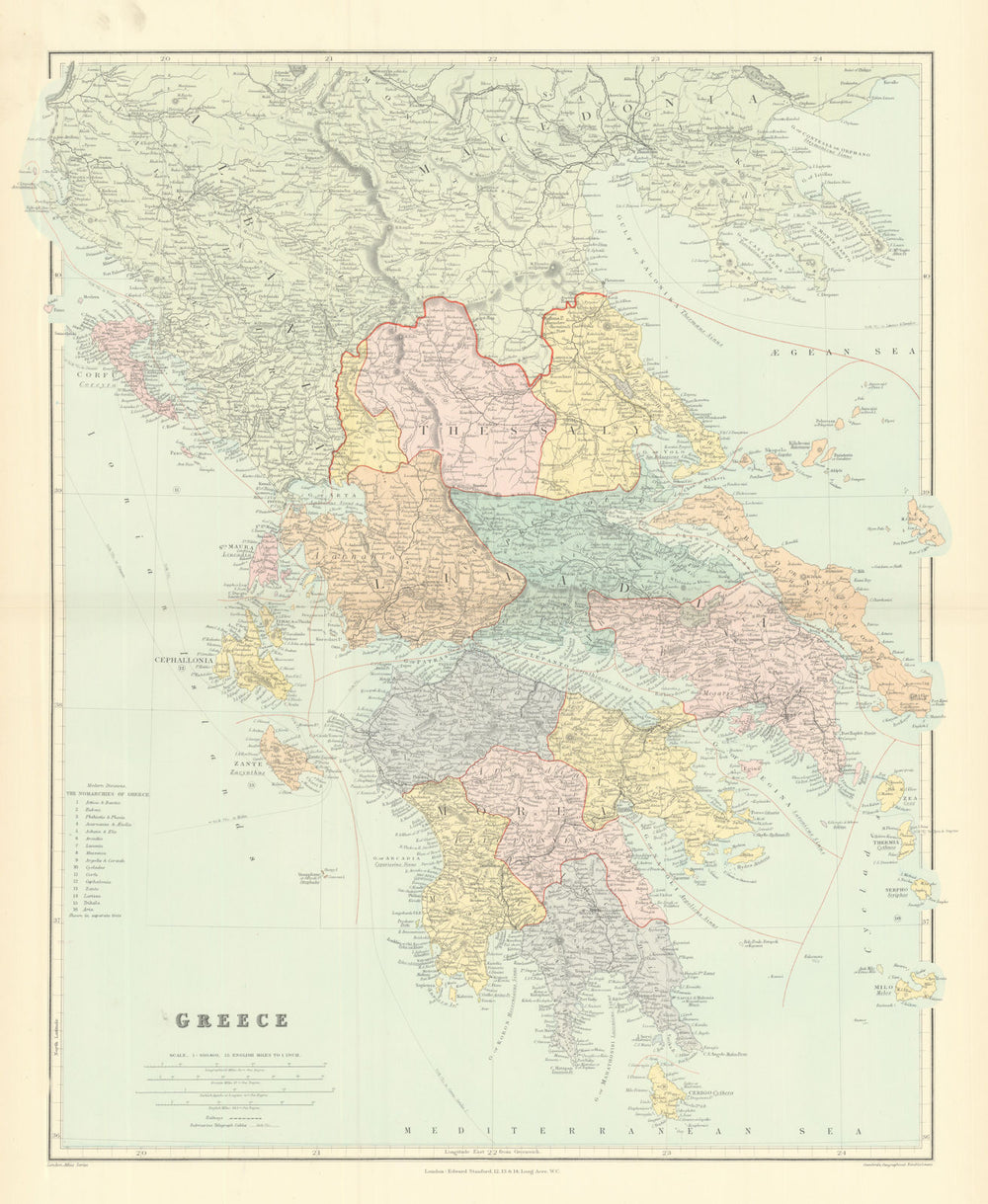 Greece. Nomarchies. Ionian Sporades Cyclades Morea Livadia. STANFORD 1901 map