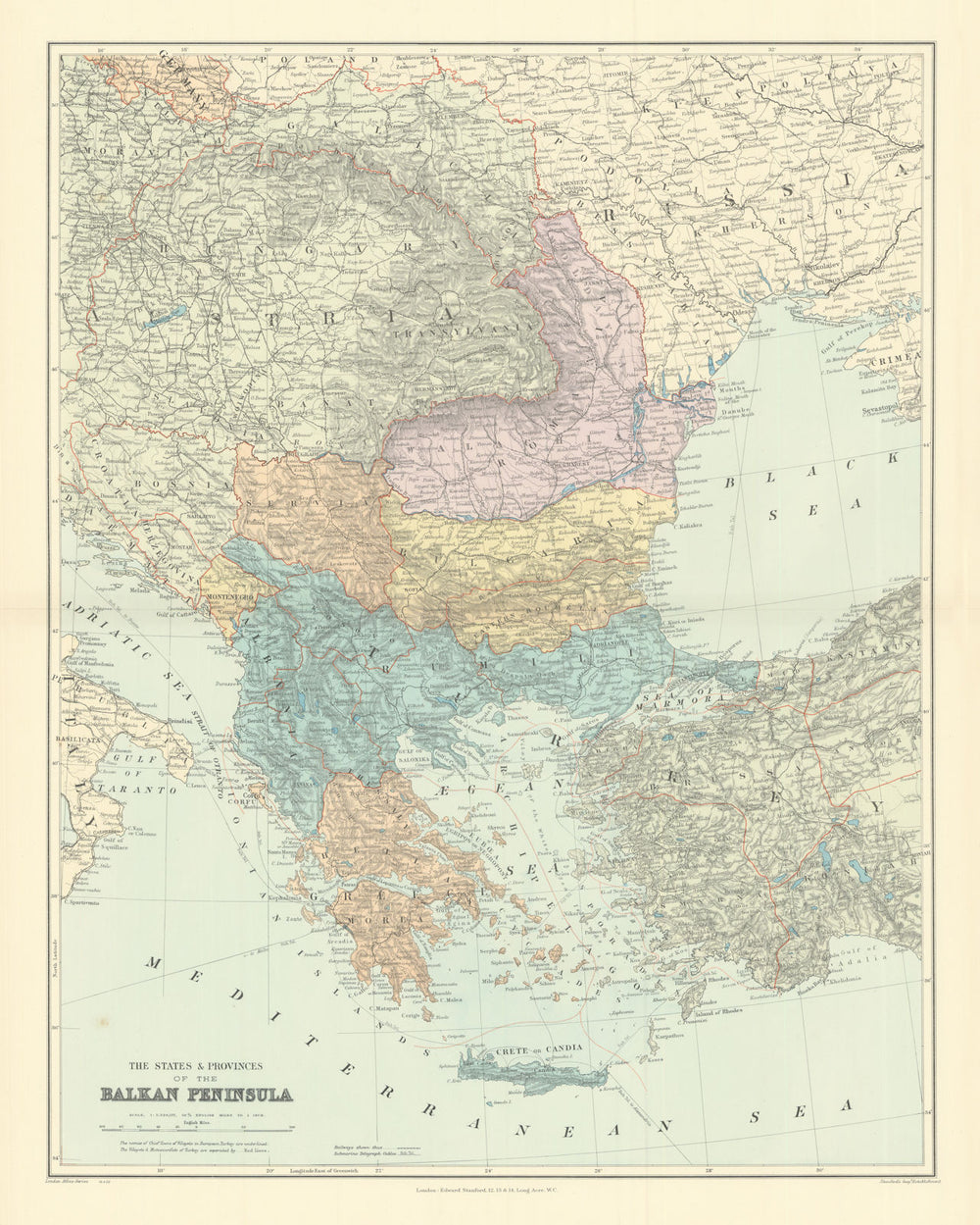 BALKAN PENINSULA Greece Austria Rumili Servia Turkey Romania STANFORD 1901 map