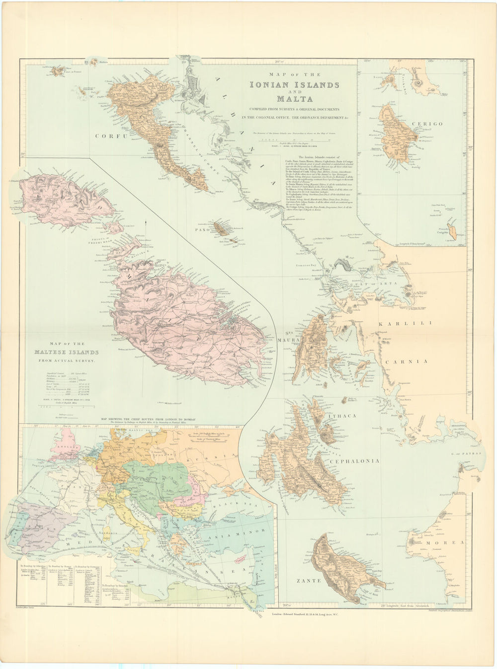 Ionian Islands & Malta. Corfu Zante Kefalonia Kythira Lefkada. STANFORD 1901 map