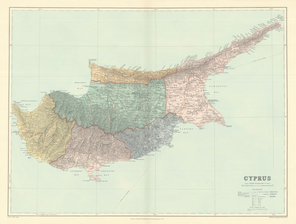 Cyprus. Districts. Ancient sites. Large 51x66cm. STANFORD 1901 old antique map