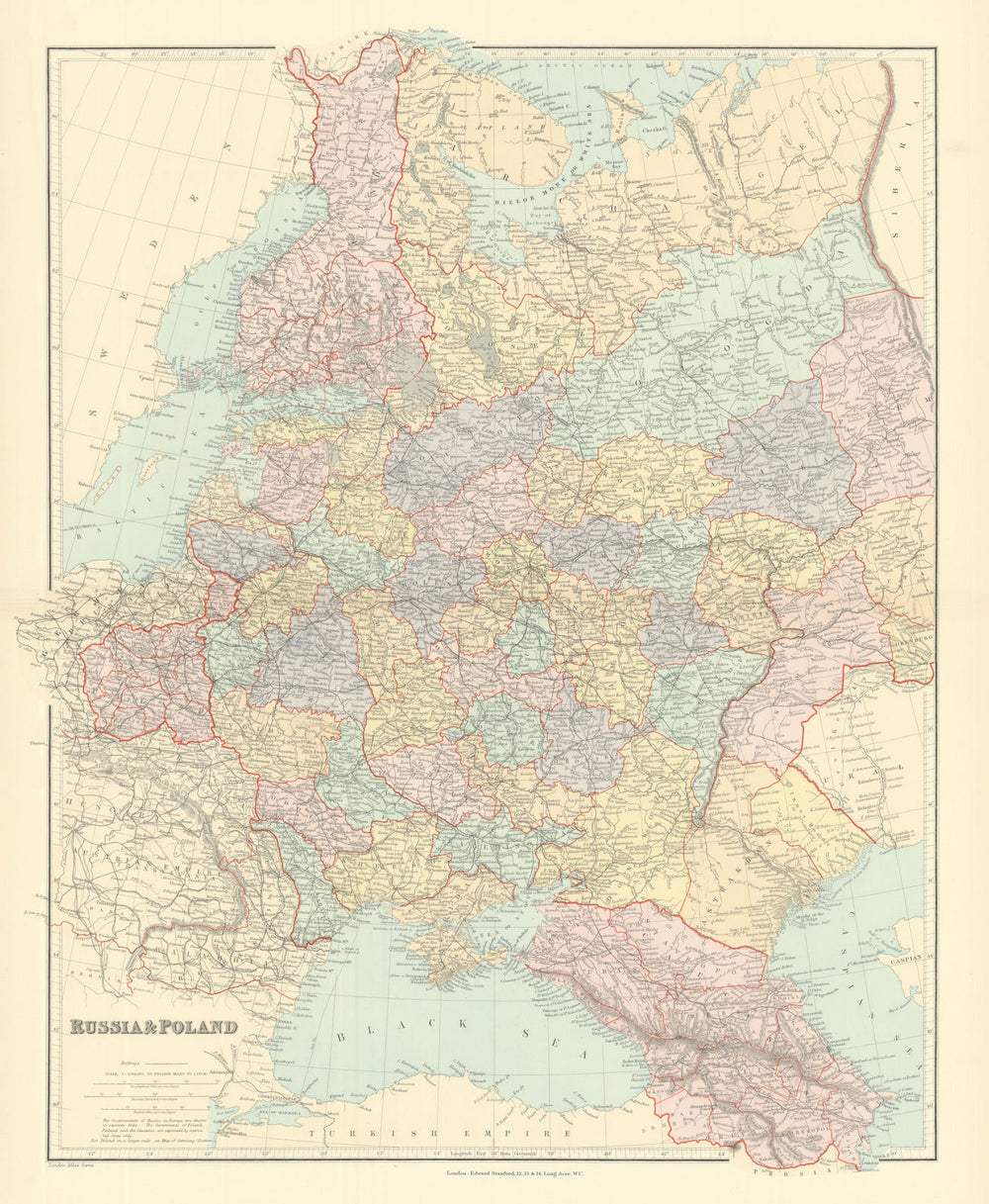 Russia & Poland. Caucasus. Republics krais oblasts railways. STANFORD 1901 map