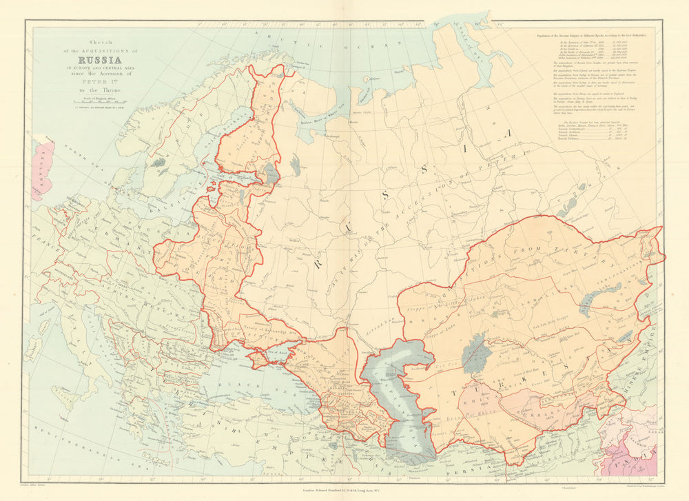 Russian acquisitions in Europe & Central Asia since 1689. STANFORD 1901 map