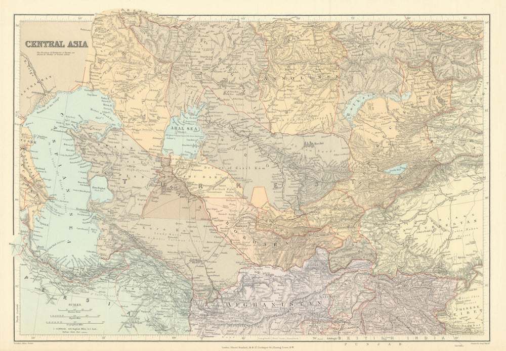 Central Asia. Trans-Caspian Aral Sea Khiva Bokhara Sirdaria STANFORD 1901 map
