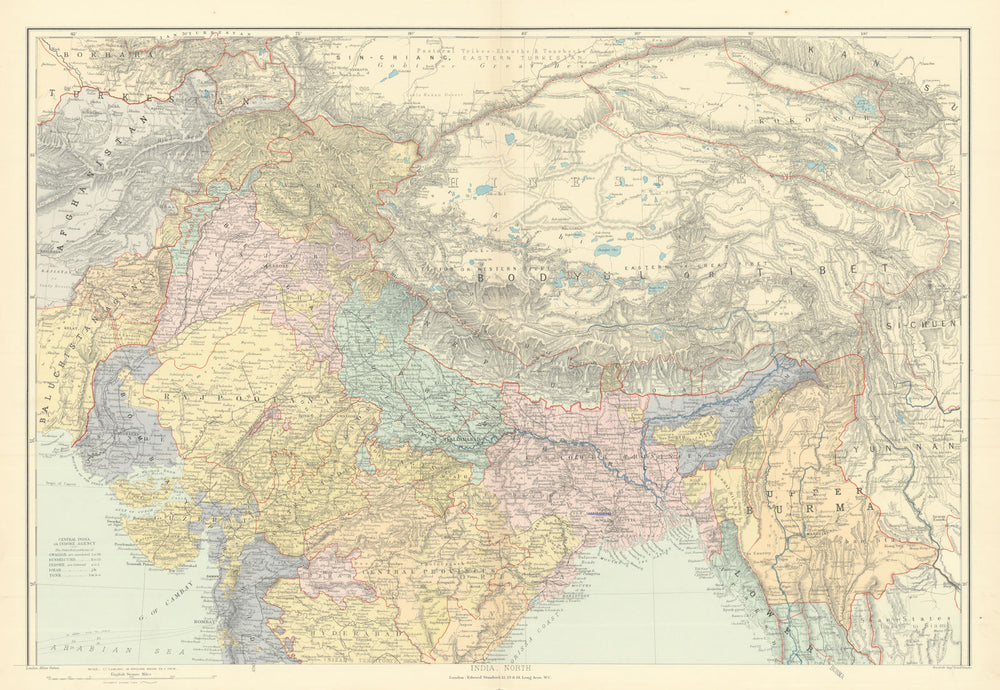 India, North. Tibet Bodyul Himalayas Baluchistan Burma 51x72cm STANFORD 1901 map