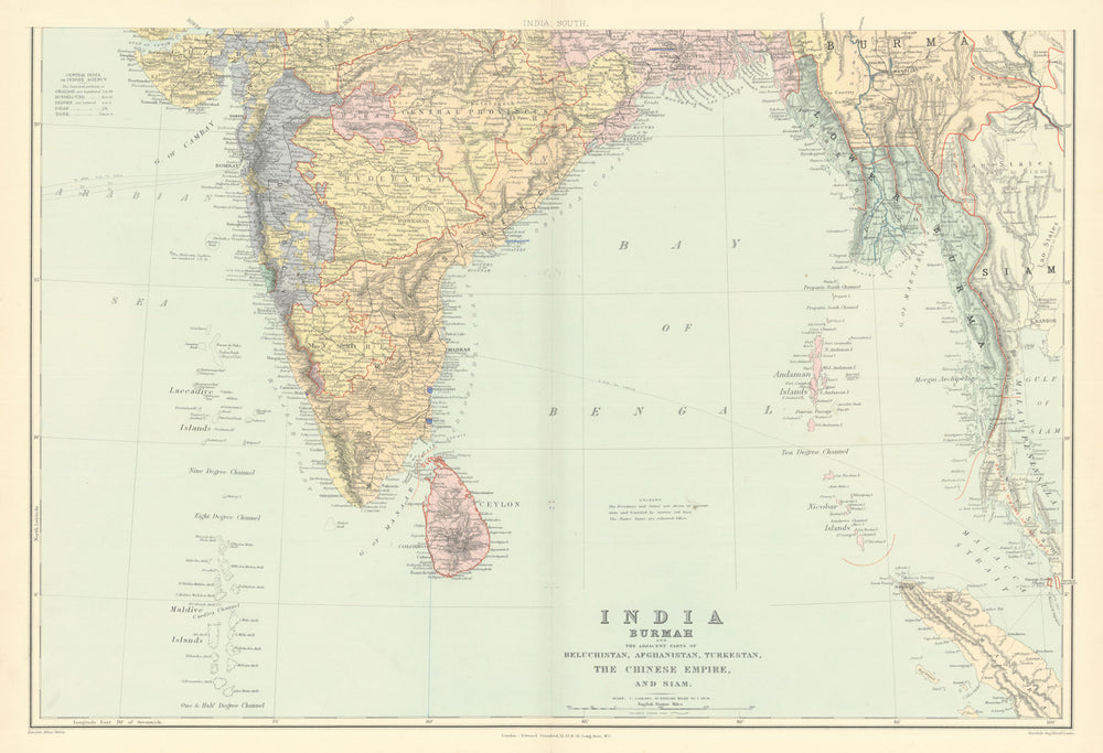 India, South. Burma Ceylon Bay of Bengal Andaman Maldives. STANFORD 1901 map