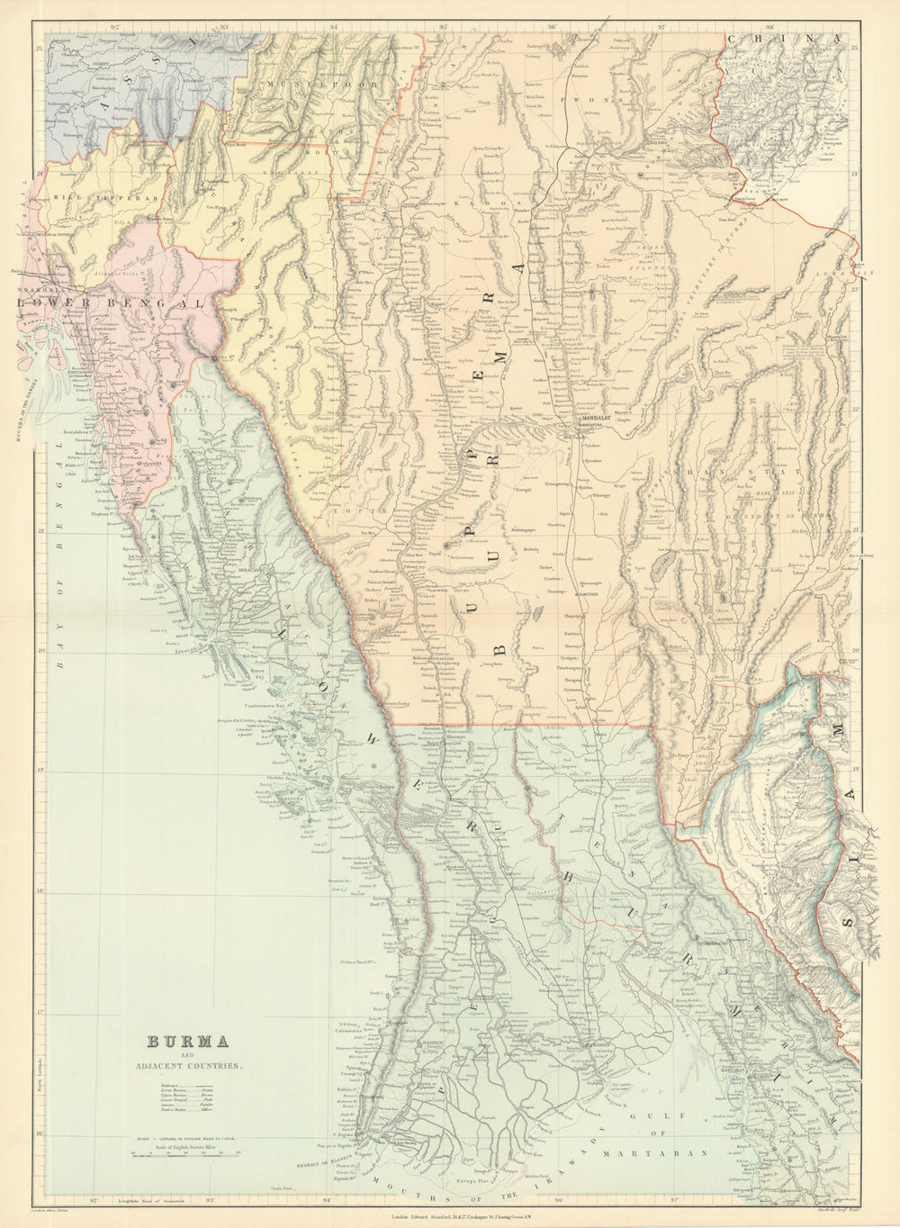 Burma & Adjacent Countries. Myanmar Bengal Assam. 75x54cm. STANFORD 1901 map