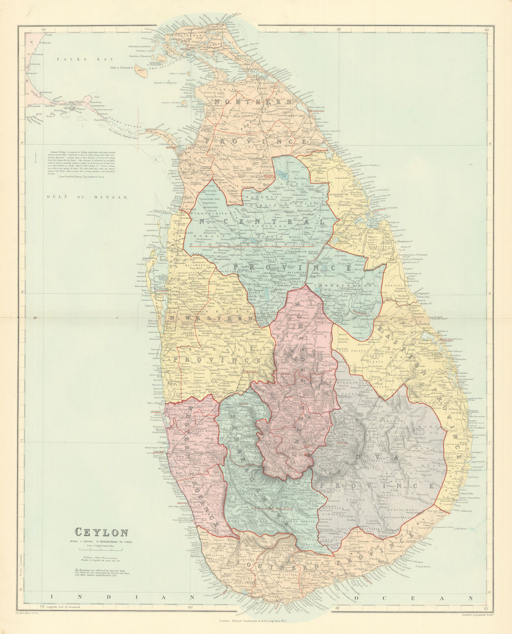 Ceylon. Sri Lanka. Provinces & railways. Large 66x53cm. STANFORD 1901 old map