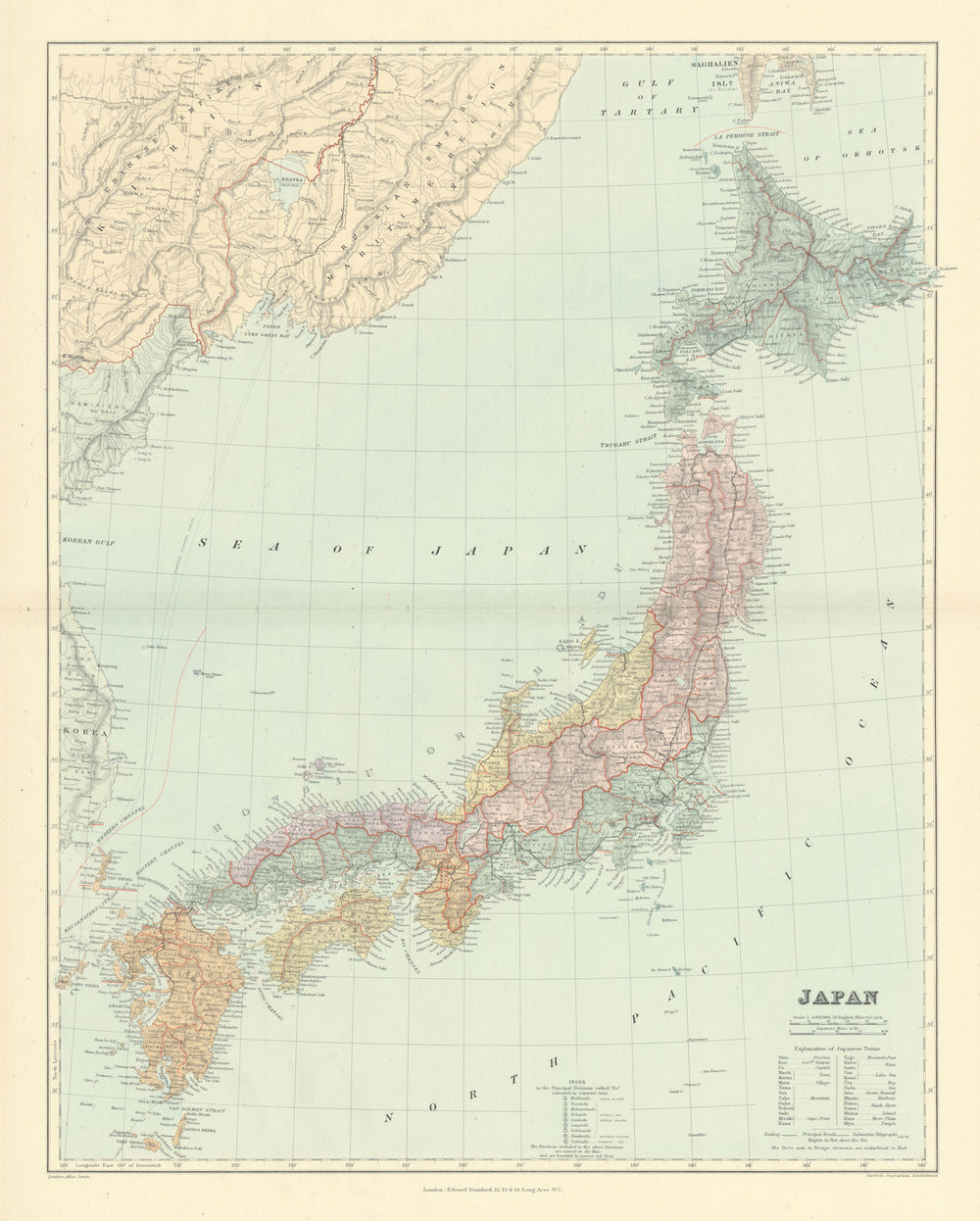 The Islands of Japan, in Provinces/prefectures. 65x52cm. STANFORD 1901 old map