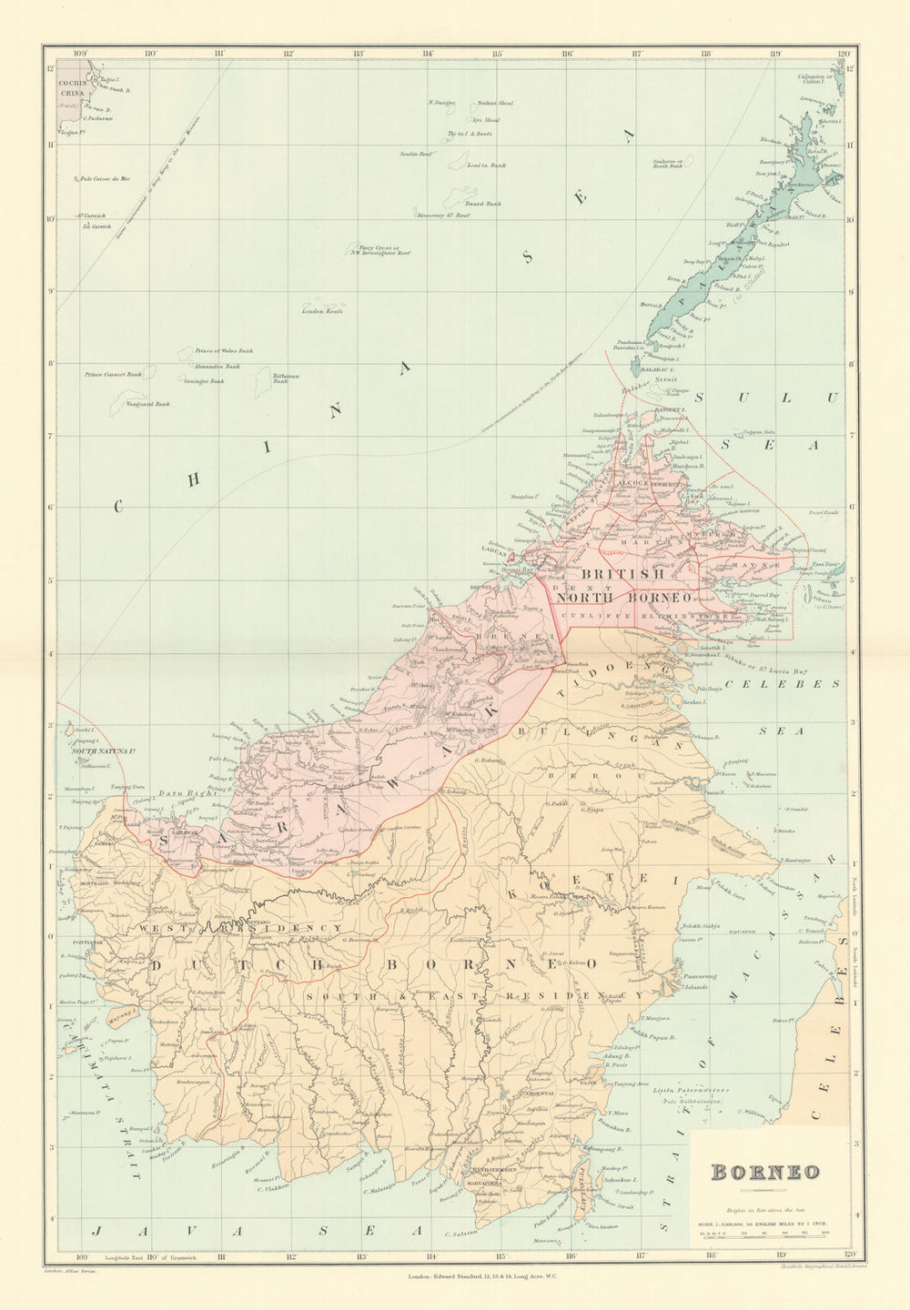 Dutch & British North Borneo Sarawak Kalimantan Palawan. STANFORD 1901 old map