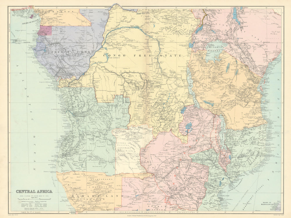 Central Africa. Congo Free State Rhodesia German East Africa. STANFORD 1901 map