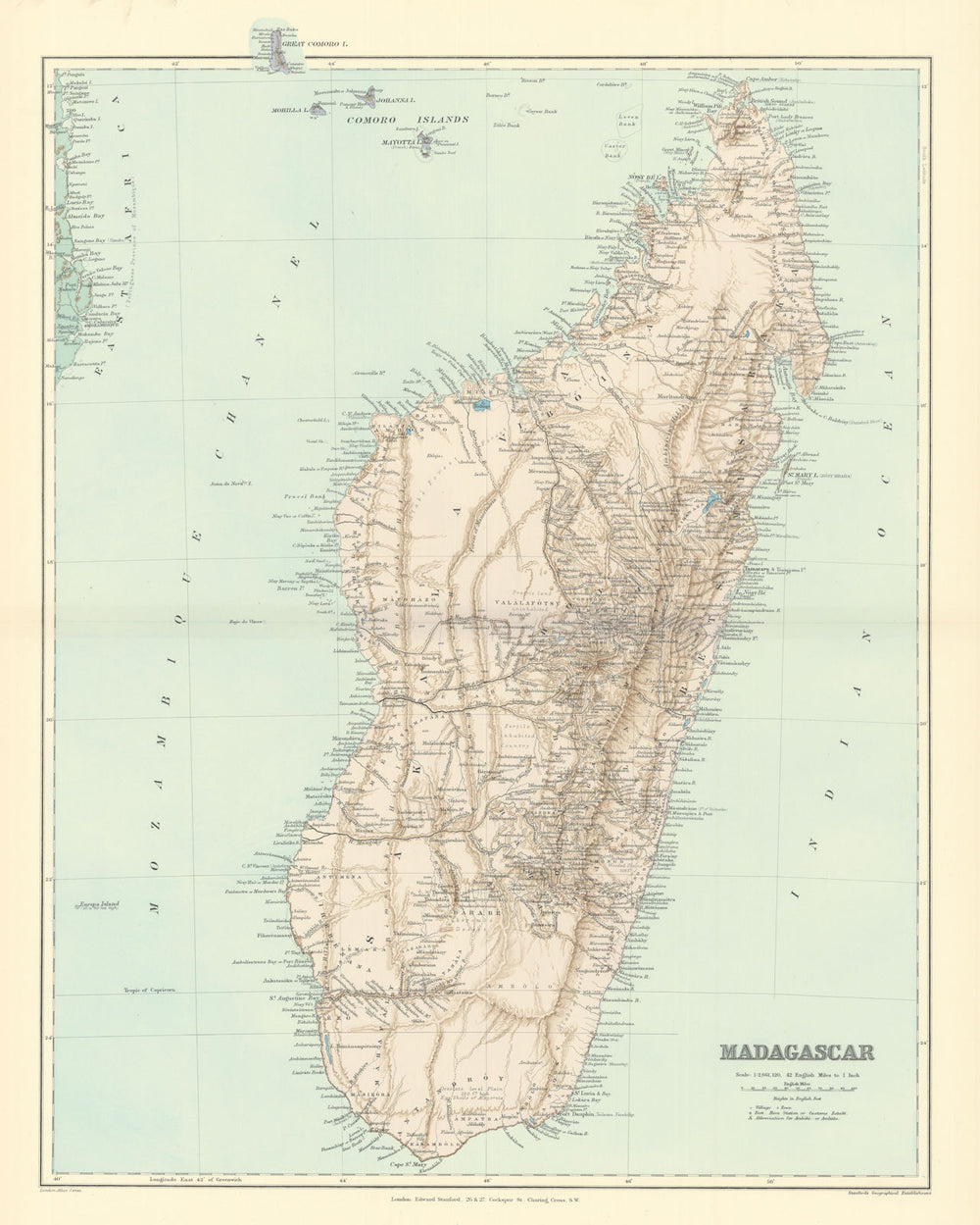 Madagascar, Comoros & Mayotte. Mozambique coast. 50x64cm STANFORD 1901 old map