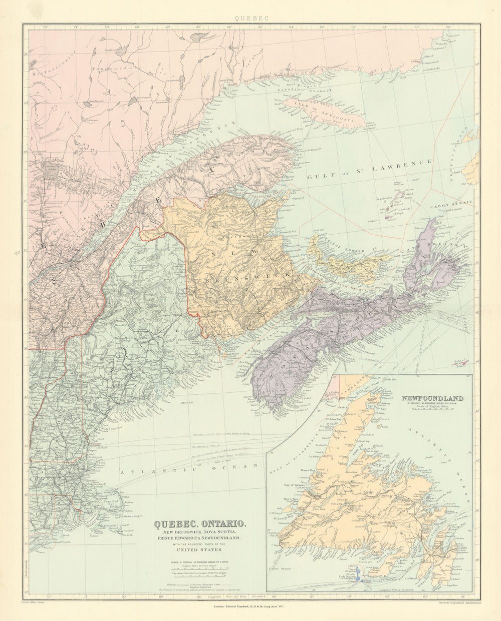 Canada Maritime Provinces. Quebec New Brunswick Maine PEI. STANFORD 1901 map