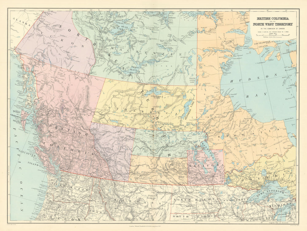 British Columbia & Northwest Territory. Manitoba Canada. STANFORD 1901 old map