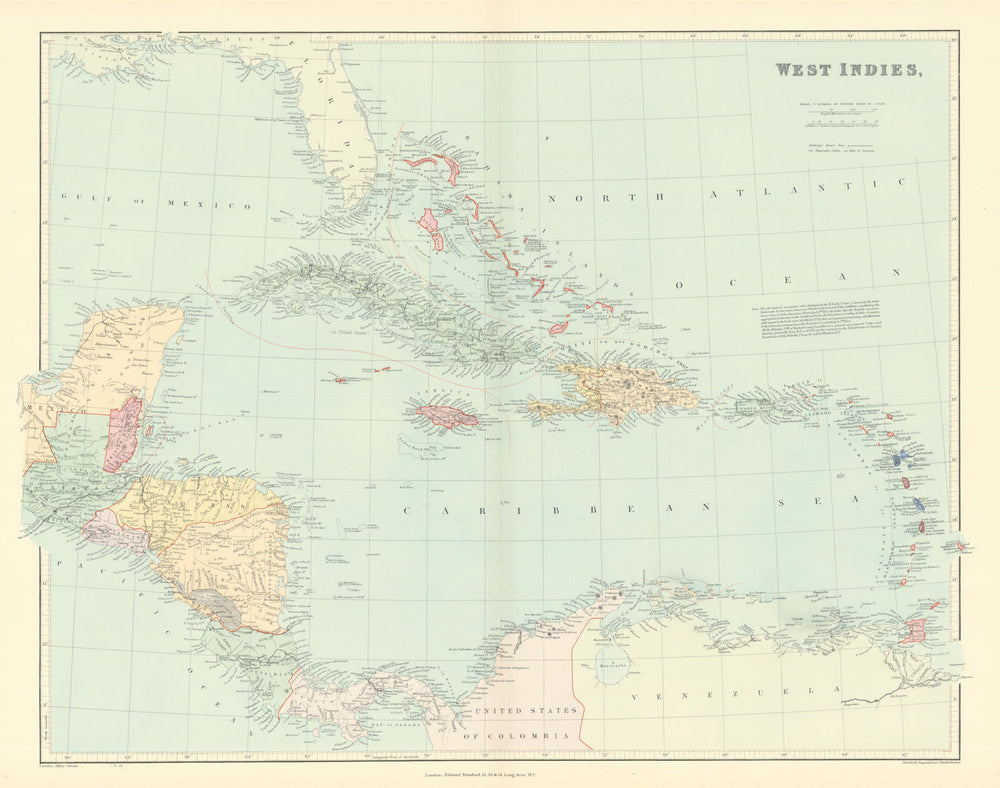 West Indies Islands & Central America. Caribbean. STANFORD 1901 old map