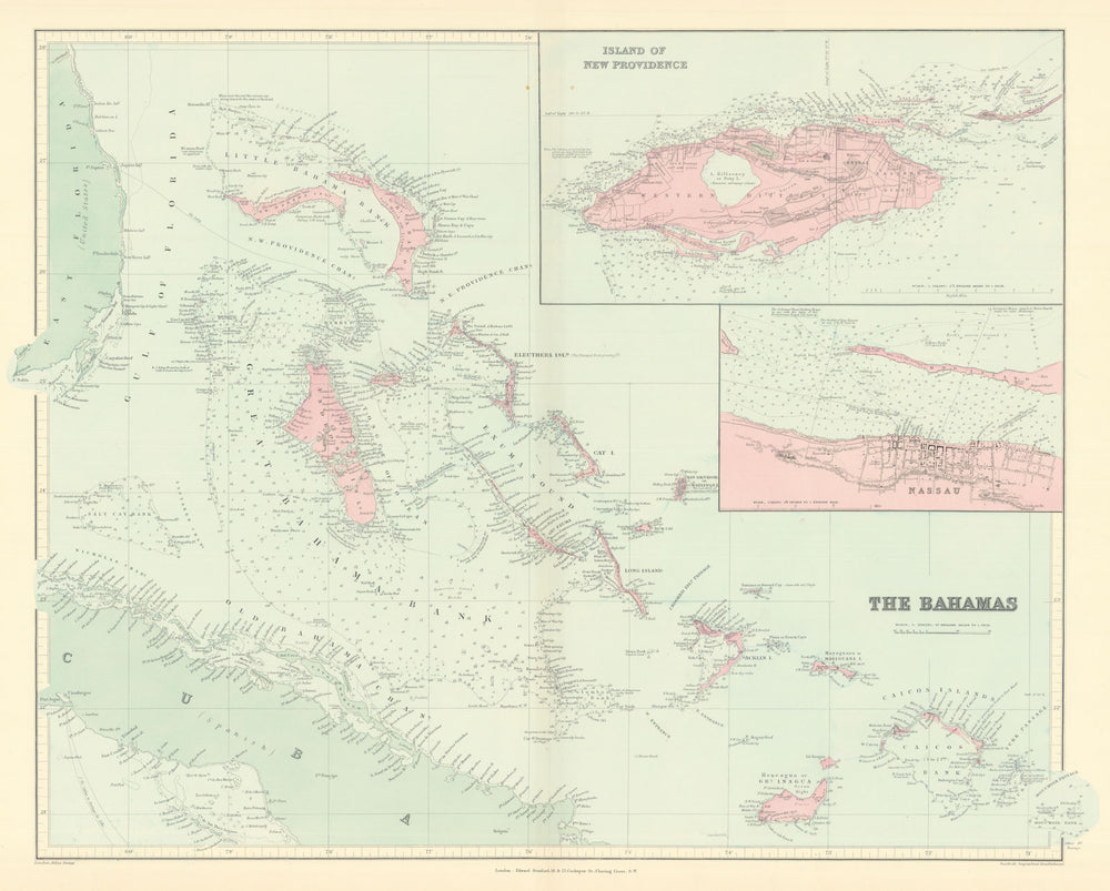 Bahamas. Turks & Caicos. New Providence. Nassau plan. 53x67cm. STANFORD 1901 map