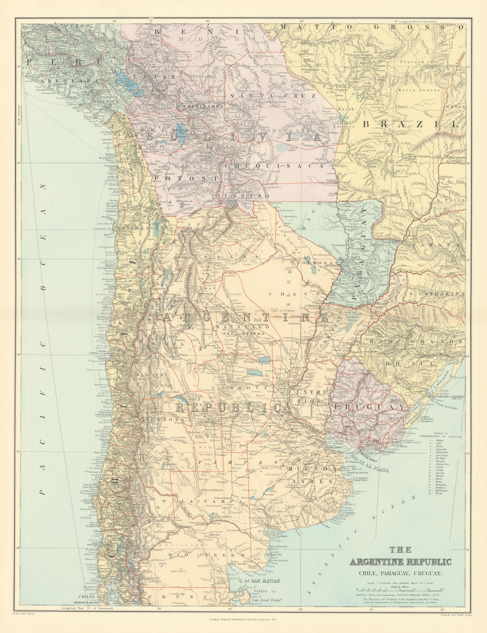 Argentine Republic, Chile, Paraguay & Uruguay. South America. STANFORD 1901 map