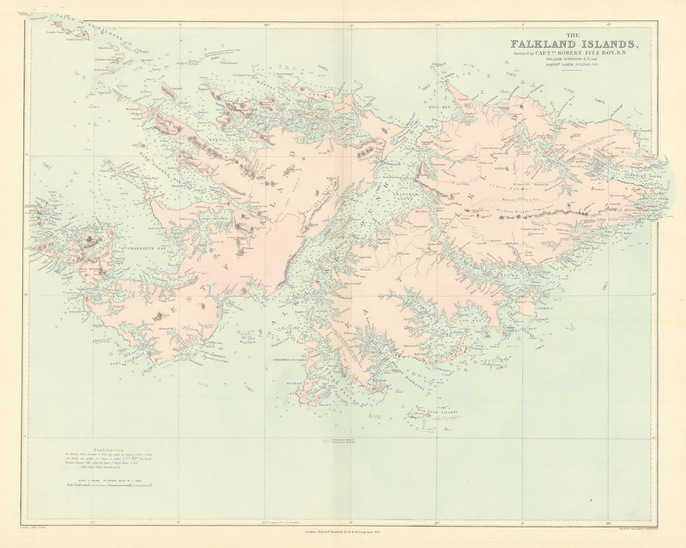 The Falkland Islands surveyed by Captain Robert Fitzroy. STANFORD 1901 old map