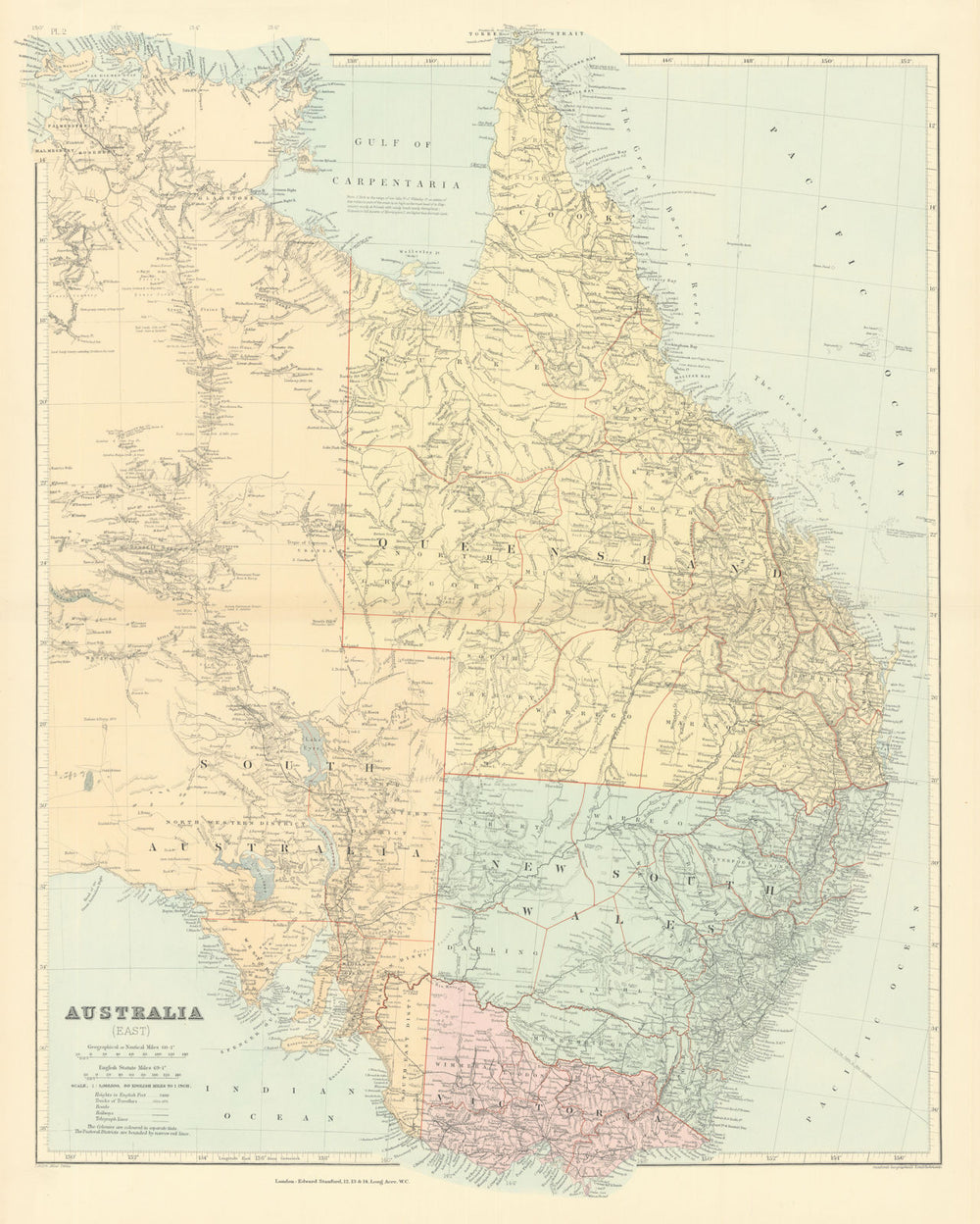 Eastern Australia. New South Wales Victoria Queensland. STANFORD 1901 old map