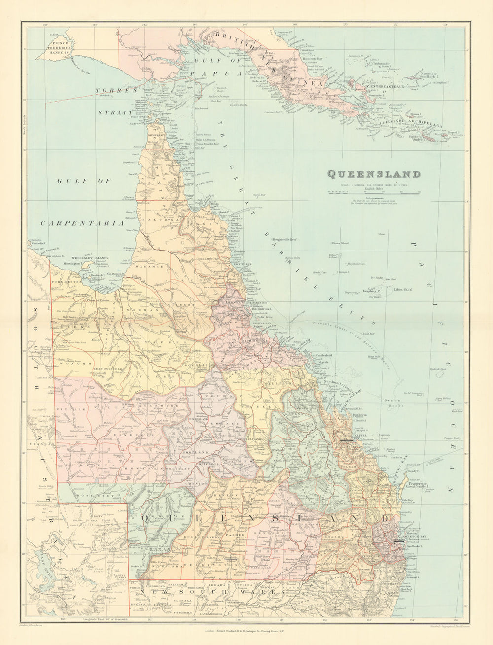 Queensland. British New Guinea. Great Barrier Reef. 68x52cm. STANFORD 1901 map