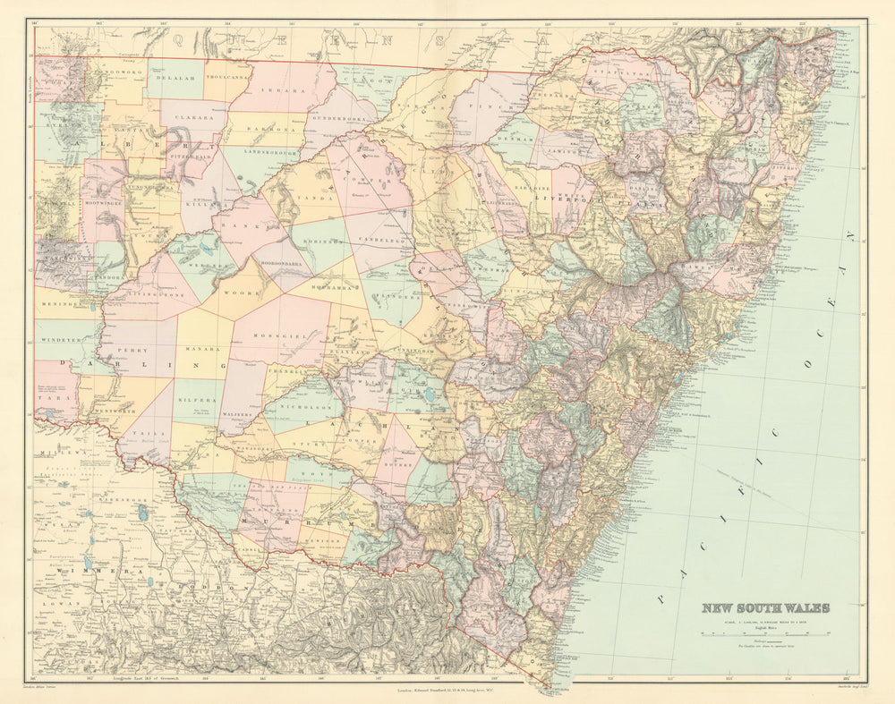New South Wales showing counties & railways. 53x65cm. STANFORD 1901 old map