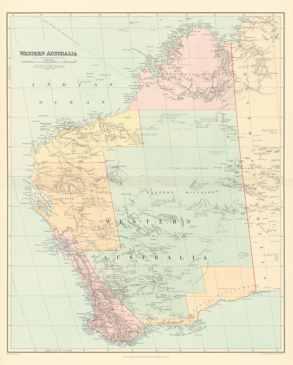 Western Australia. Districts. Explorers' routes. Large 66x55cm STANFORD 1901 map