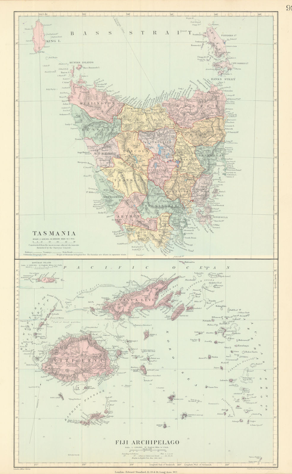 Tasmania & Fiji Archipelago. Vanua Levu. Viti Levu. STANFORD 1901 old map