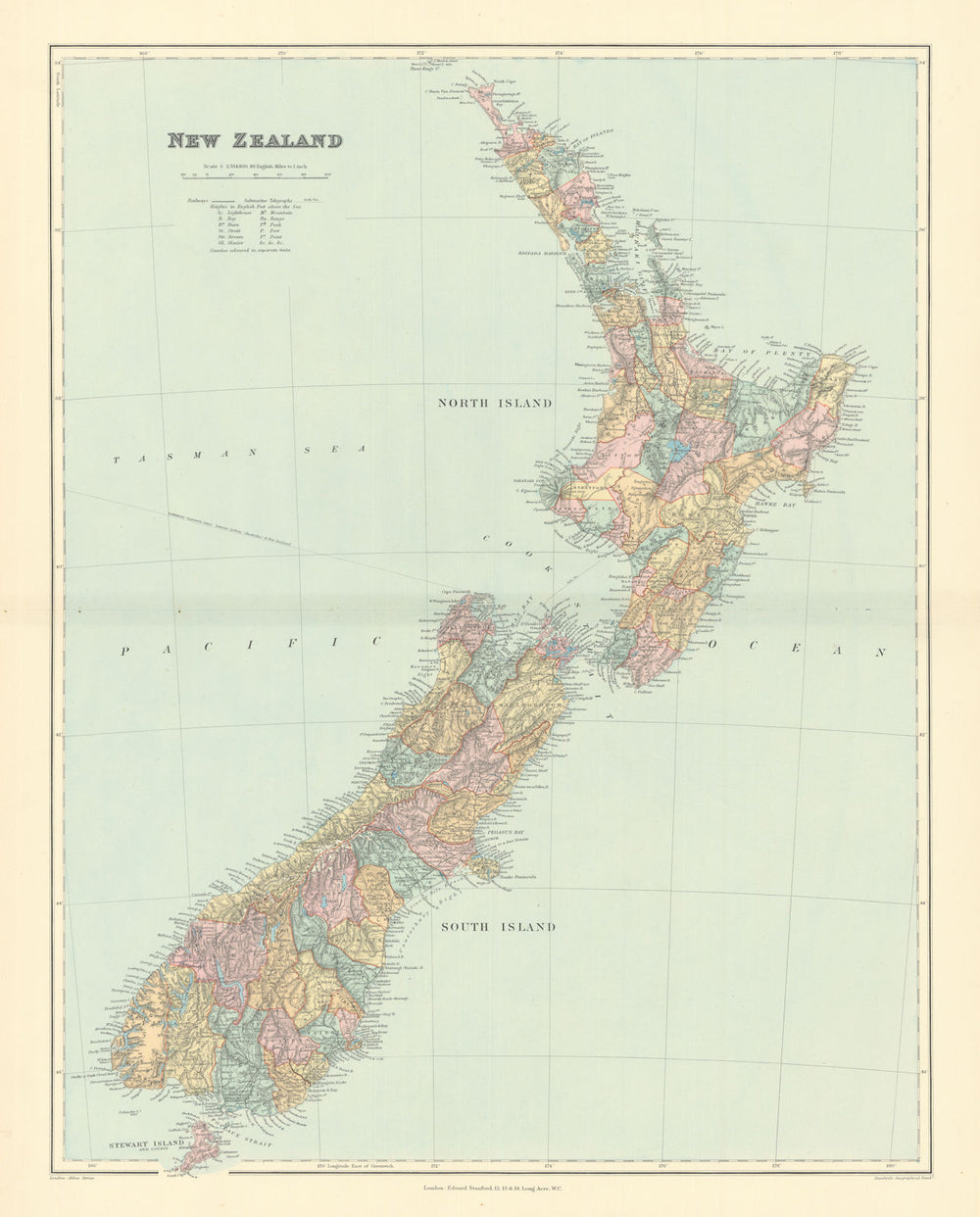 New Zealand. Counties. Railways. Large 64x50cm. STANFORD 1901 old antique map