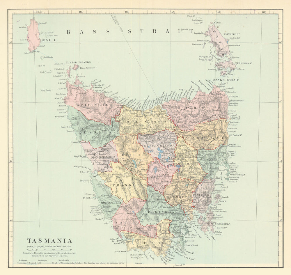 Tasmania in counties. STANFORD 1901 old antique vintage map plan chart