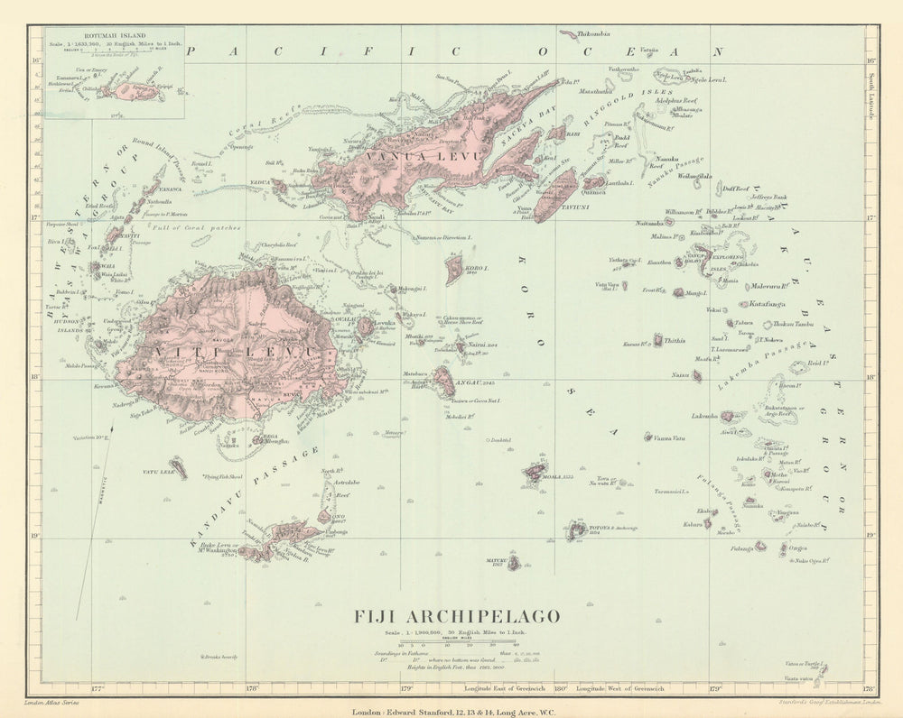 Fiji Archipelago. Vanua Levu. Viti Levu. Rotumah. STANFORD 1901 old map