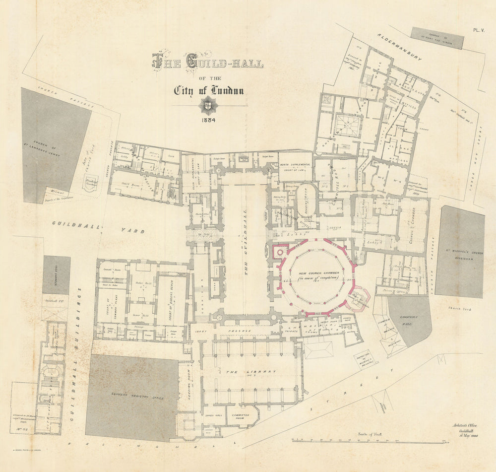 The Guild-Hall of the City of London—Guildhall architectural plan—Price 1886 map