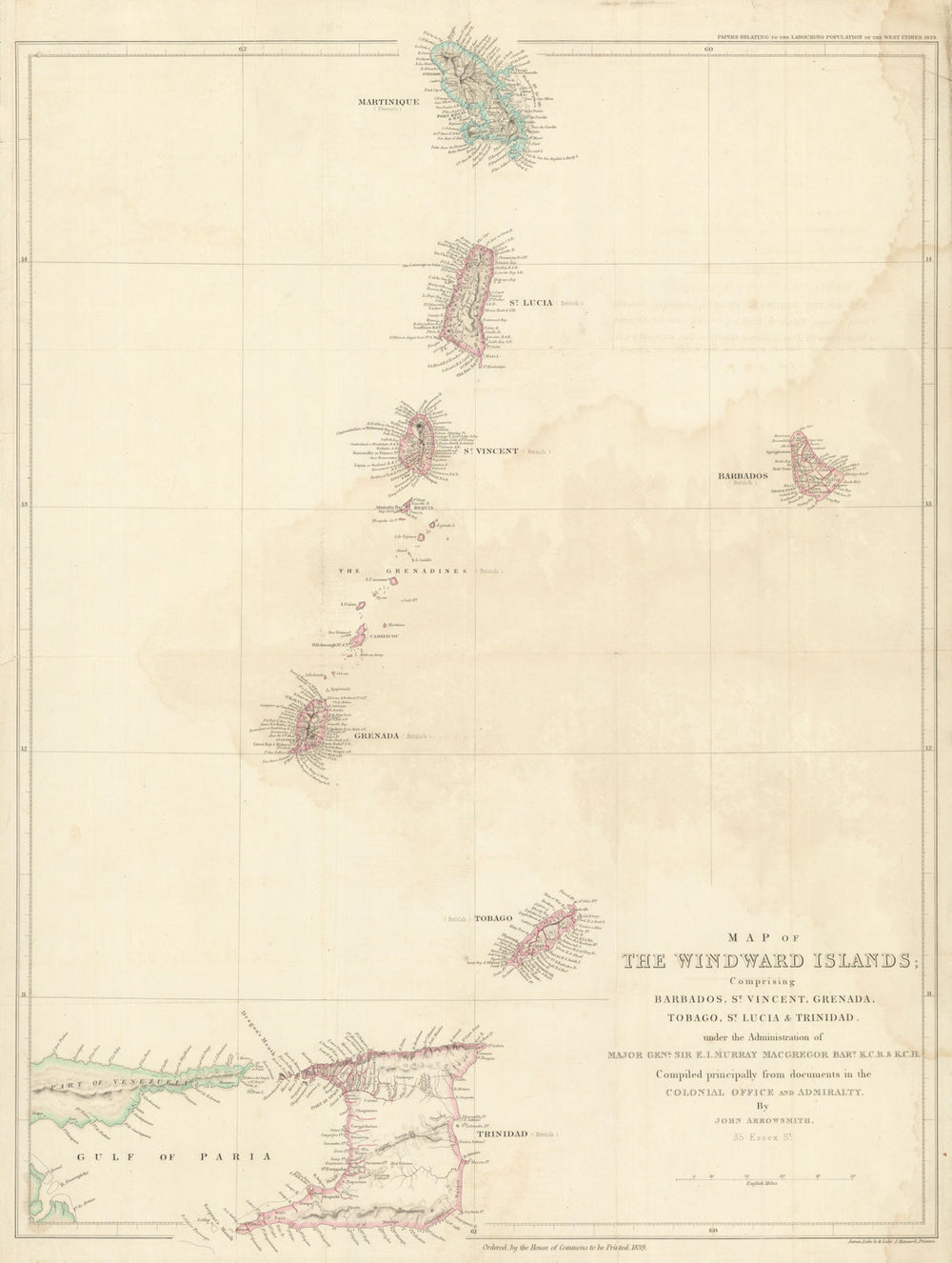 Map of the Windward Islands—Barbados—St Lucia—Trinidad—Arrowsmith/Hansard 1839