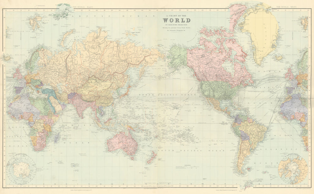 World on Mercator Projection—Pacific-centric—2 sheets—67x108cm—STANFORD 1901 map