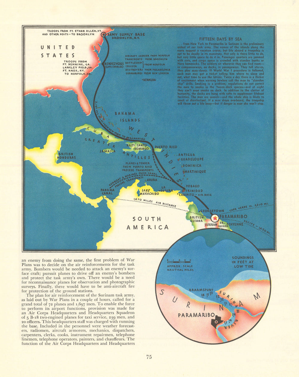 15 Days by Sea—New York-Paramaribo troop-transport route—Fortune 1940 old map