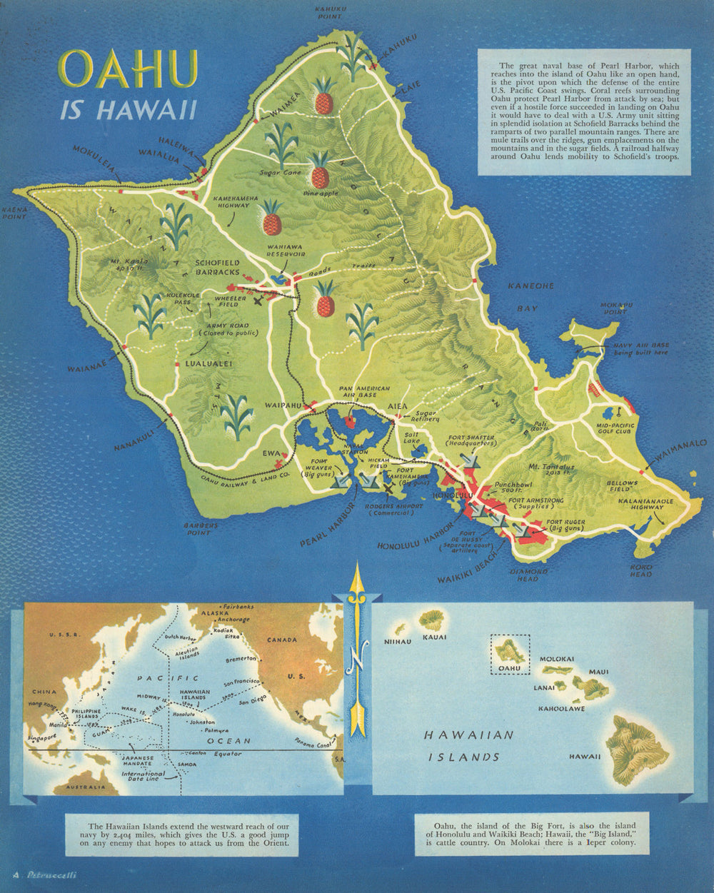 Oahu Is Hawaii—WW2—Pearl Harbor & U.S. defences—Antonio Petruccelli 1940 map