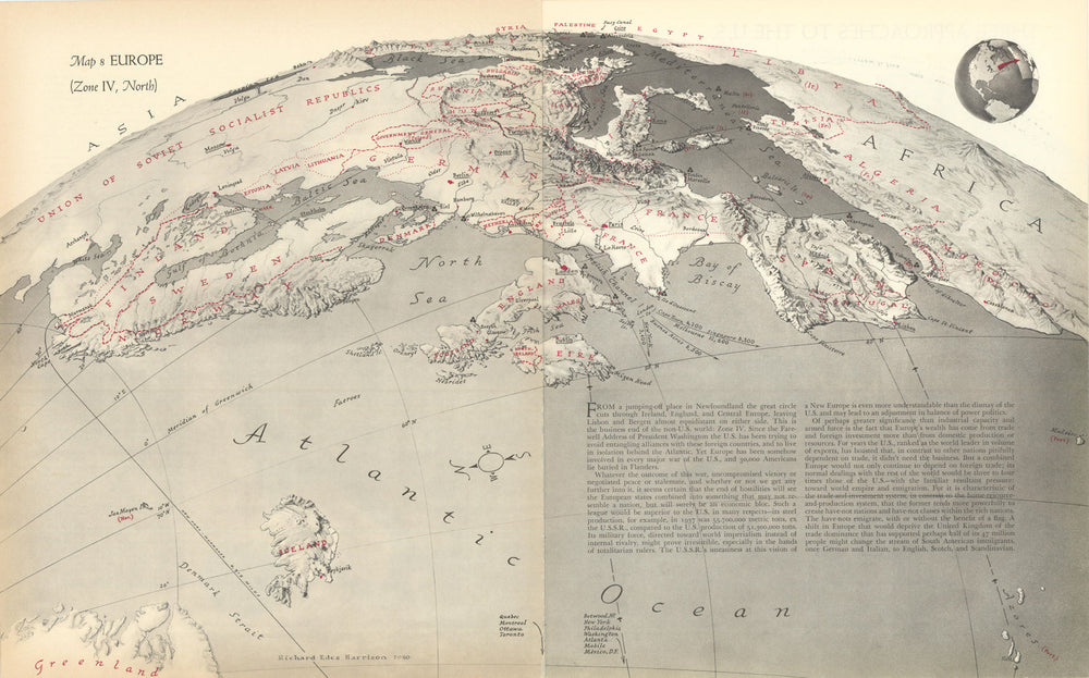 Europe from Newfoundland—WW2 Atlantic strategy—Richard Edes Harrison 1940 map