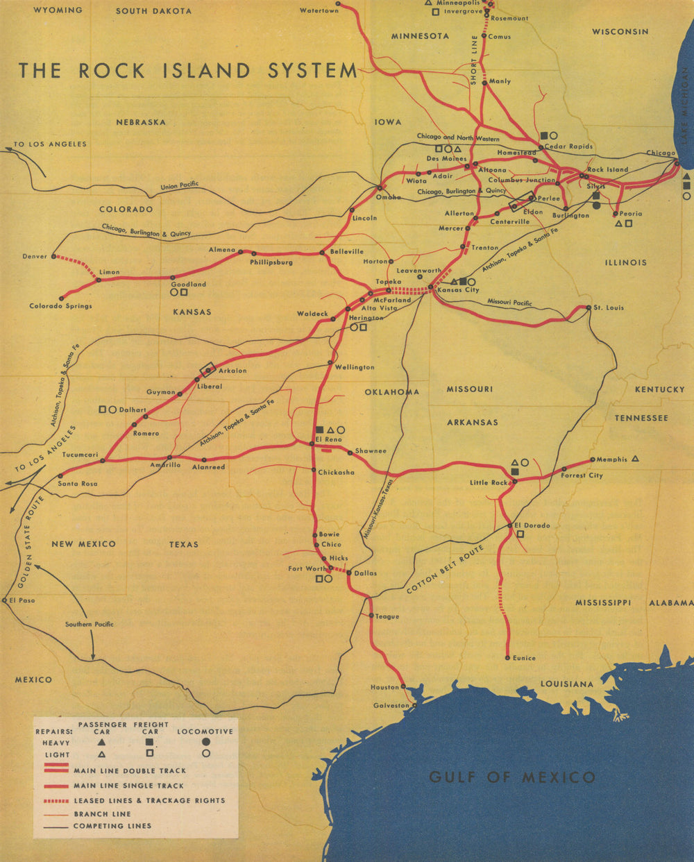 The Rock Island System—fourteen-state railroad network—Fortune 1944 old map