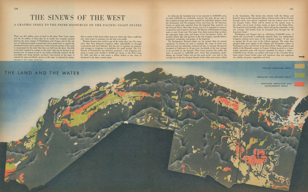 The Land & the Water—US Pacific Coast resources—California WA Oregon 1945 map