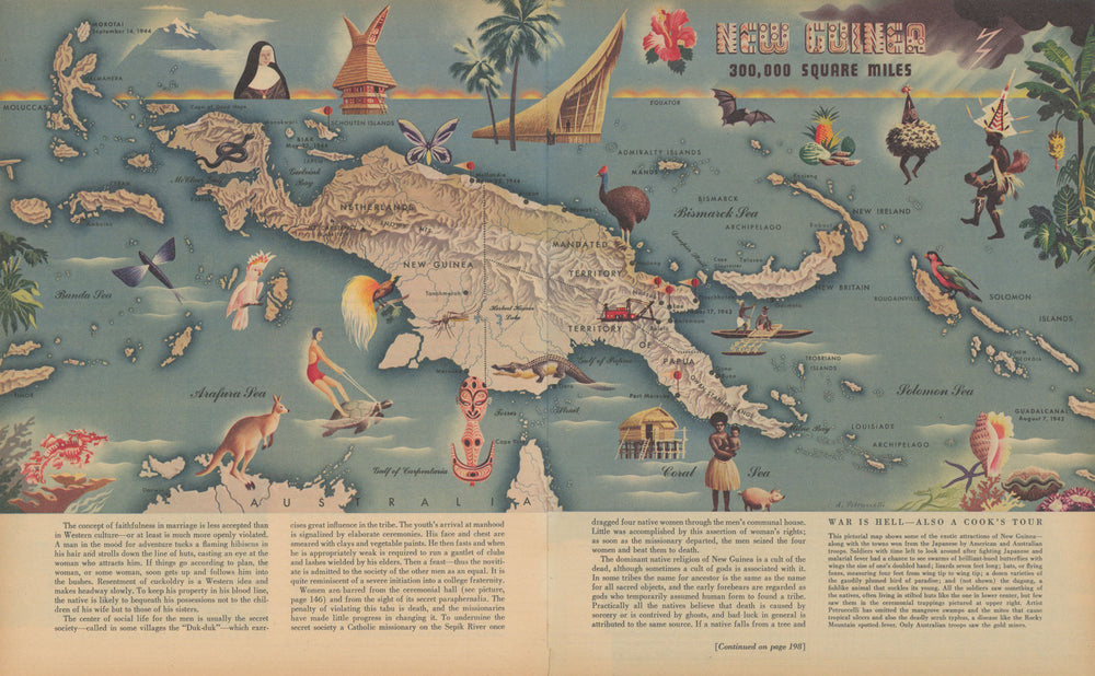 New Guinea & Solomon Islands—WW2 Pacific battles—pictorial map—Petruccelli 1945