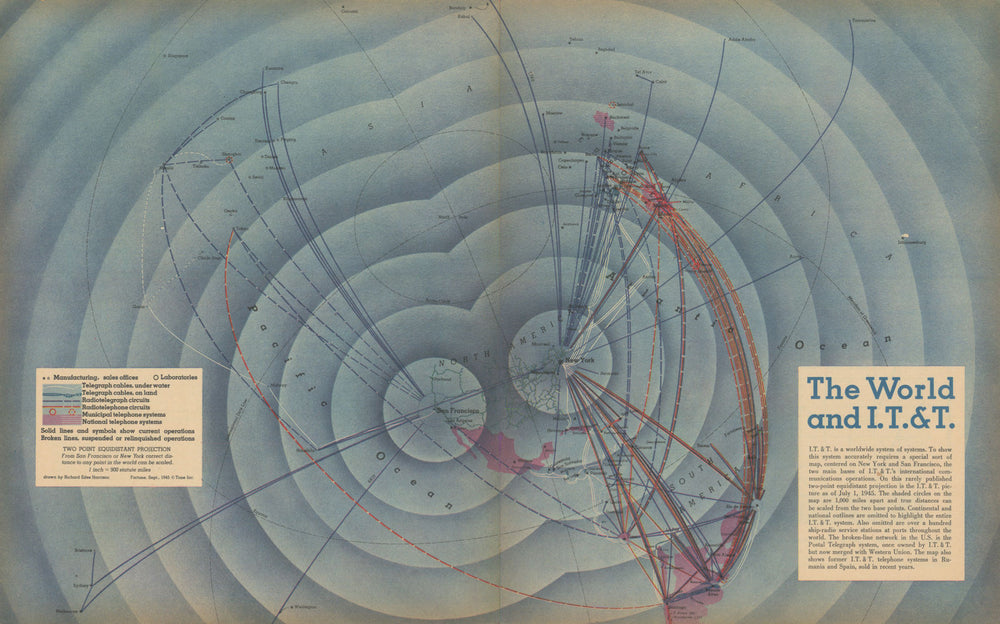 The World and I.T.&T.—global telecommunications network—Harrison 1945 old map