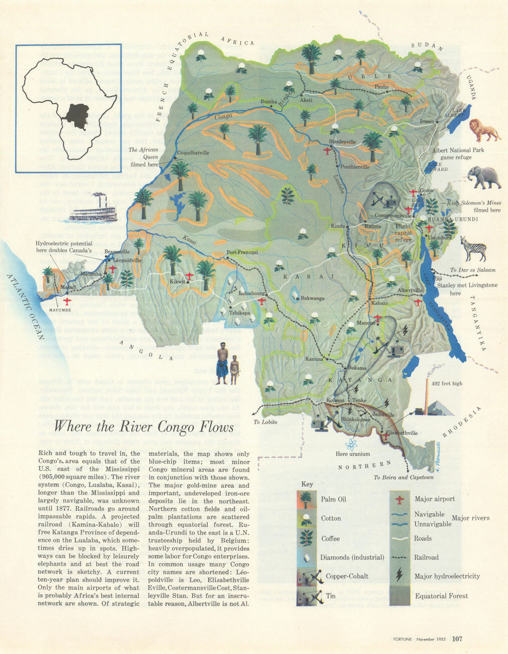 Where the River Congo Flows—resources and communications—Petruccelli 1952 map