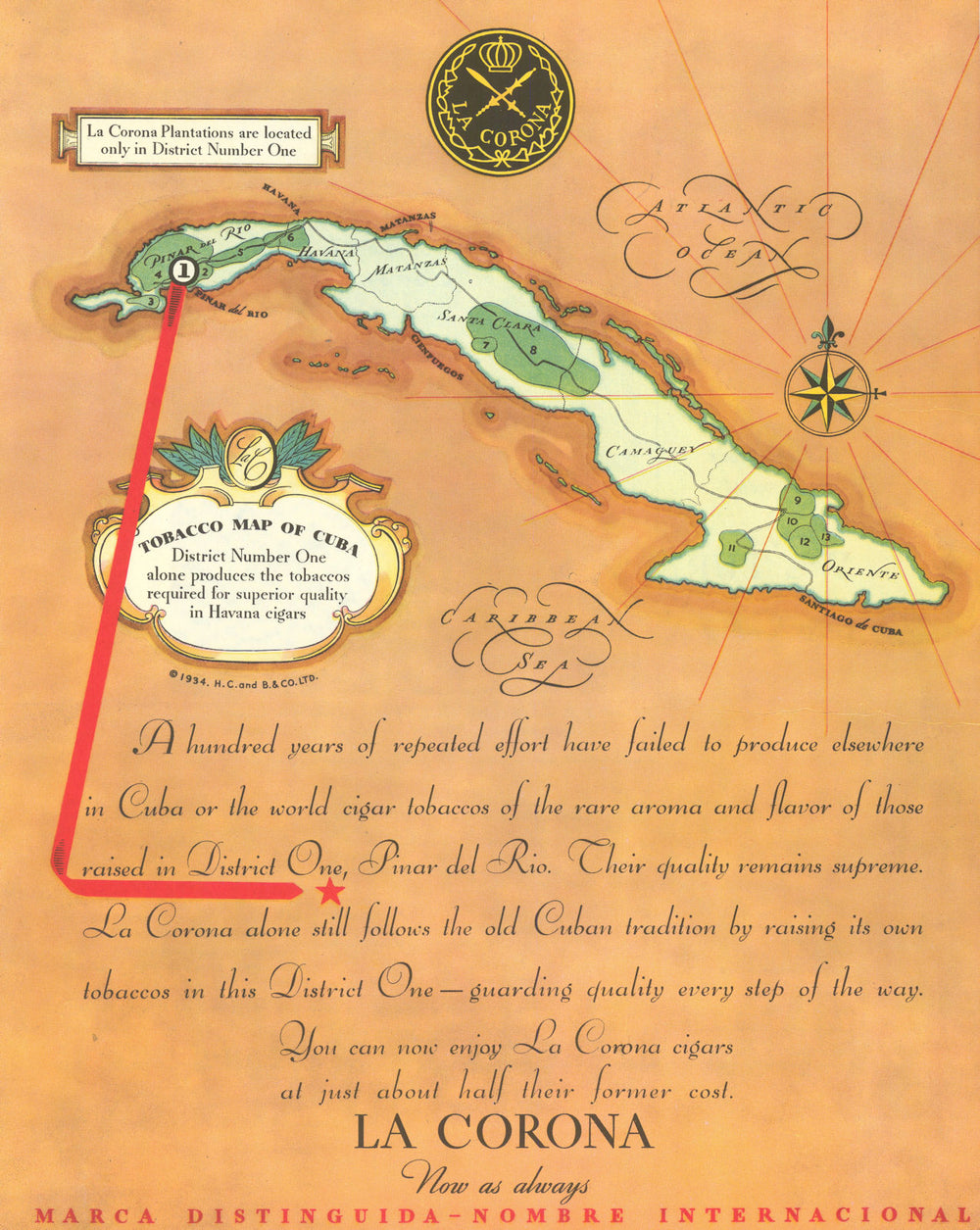 Tobacco Map of Cuba—La Corona plantations—Havana cigars advertising map 1934
