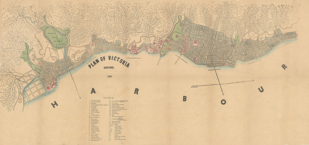 Plan of Victoria, Hong-Kong—large hand-coloured city plan—Dennys 1867 old map