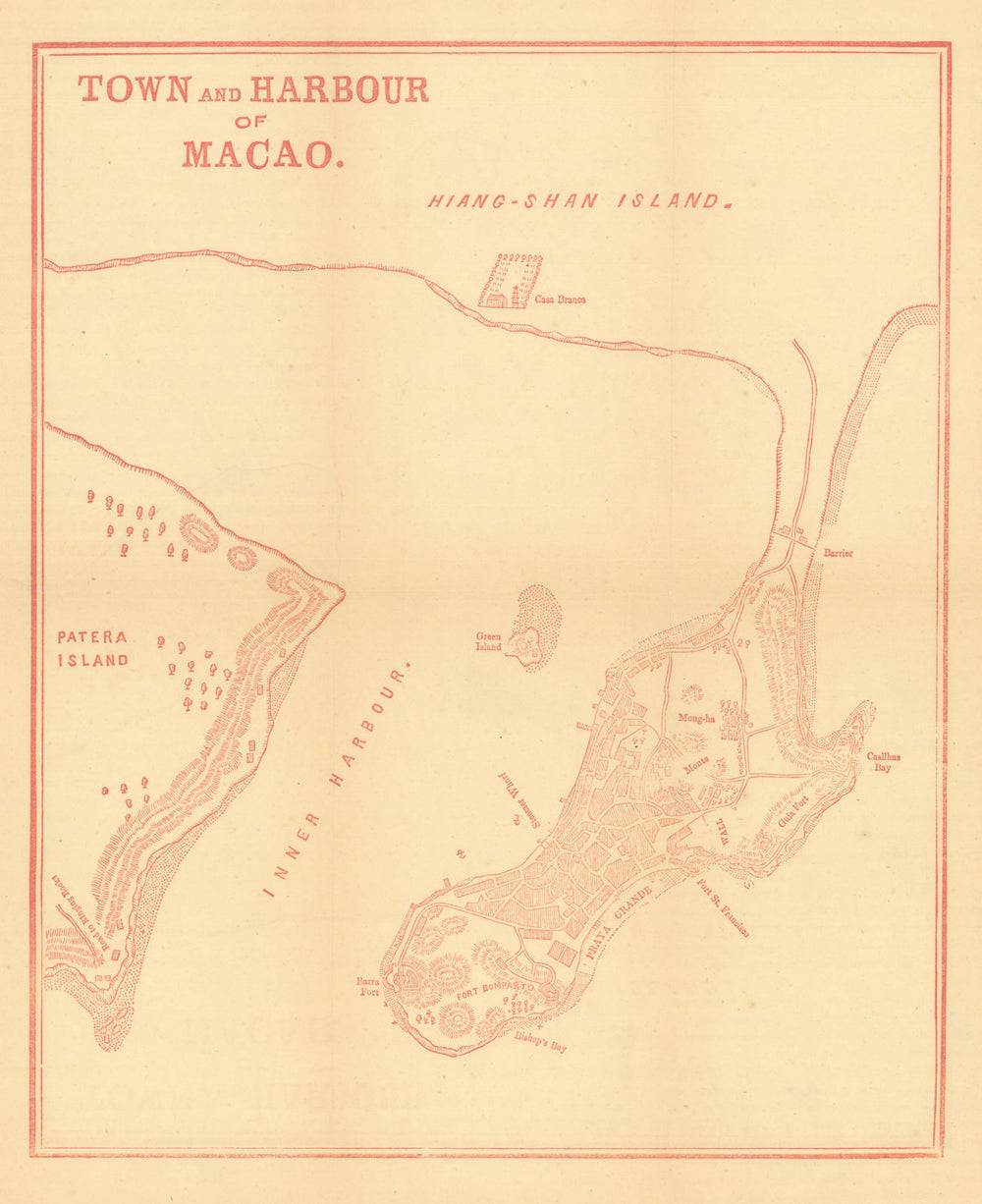Town and harbour of Macao—Macau peninsula & Inner Harbour—Dennys 1867 old map